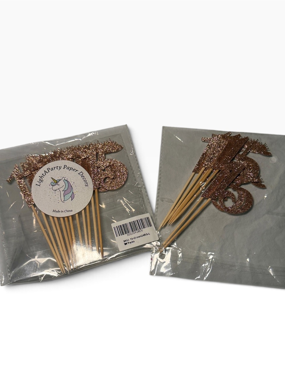 LightAParty 15th Birthday Food/Dessert Toppers Pack of 19 Sparkly Rose Gold NWOT